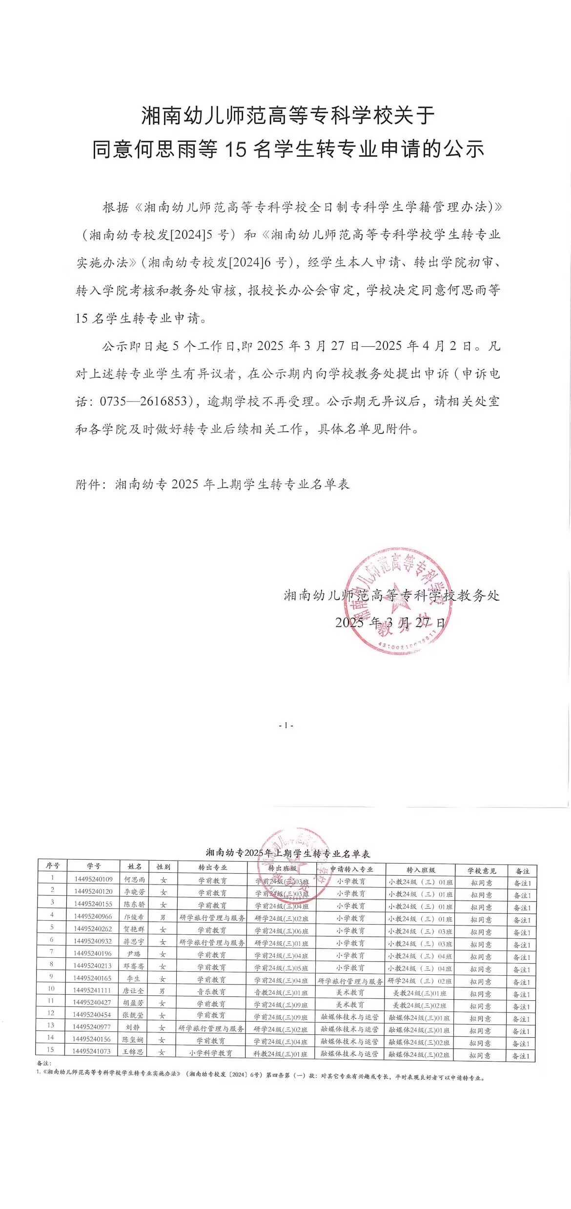星空app官方网站登录入口手机版关于同意何思雨等15名学生转专业申请的公示